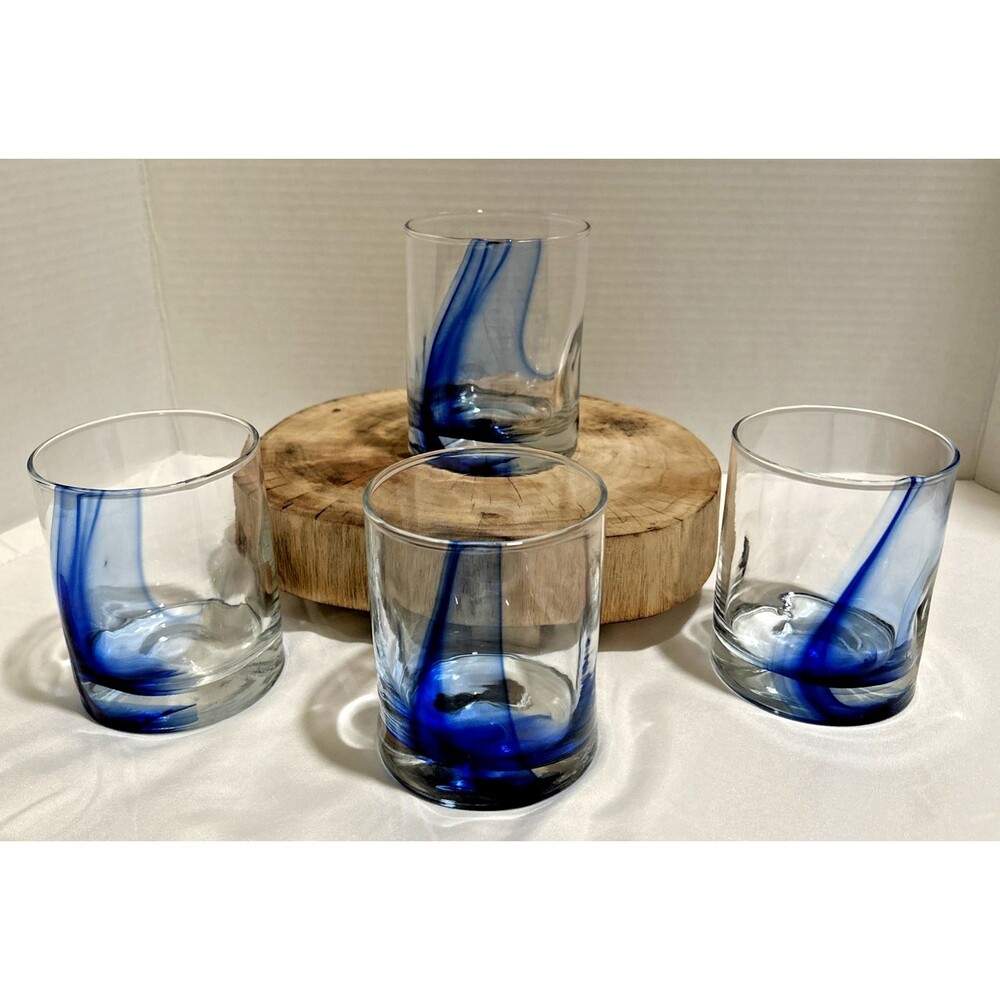 Modern Libbey Impressions Blue Ribbon DOF Rocks Glasses Cobalt Swirl Set of 4